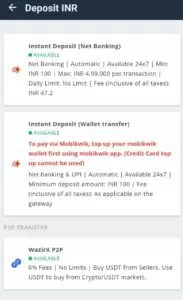 Deposit INR or Crypto in WazirX